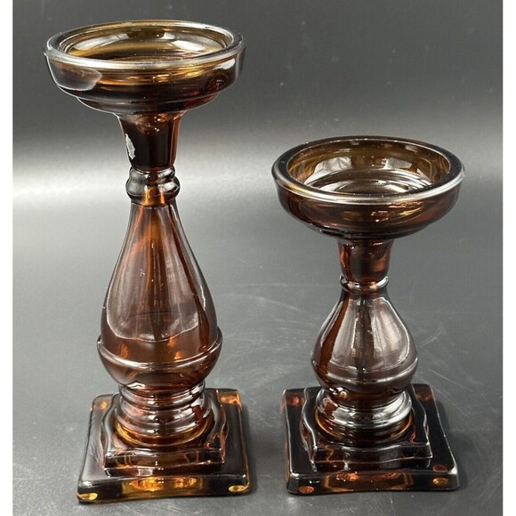 Vintage Amber Glass Candlestick Holders 2 Sizes Hold 3 Inch Diameter Candles - Picture 3 of 8